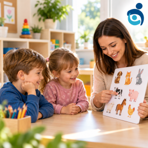 Nauczycielka pokazuje dwojgu dzieciom obrazki ze zwierzętami podczas zajęć edukacyjnych w Przedszkolu Specjalistycznym IWRD